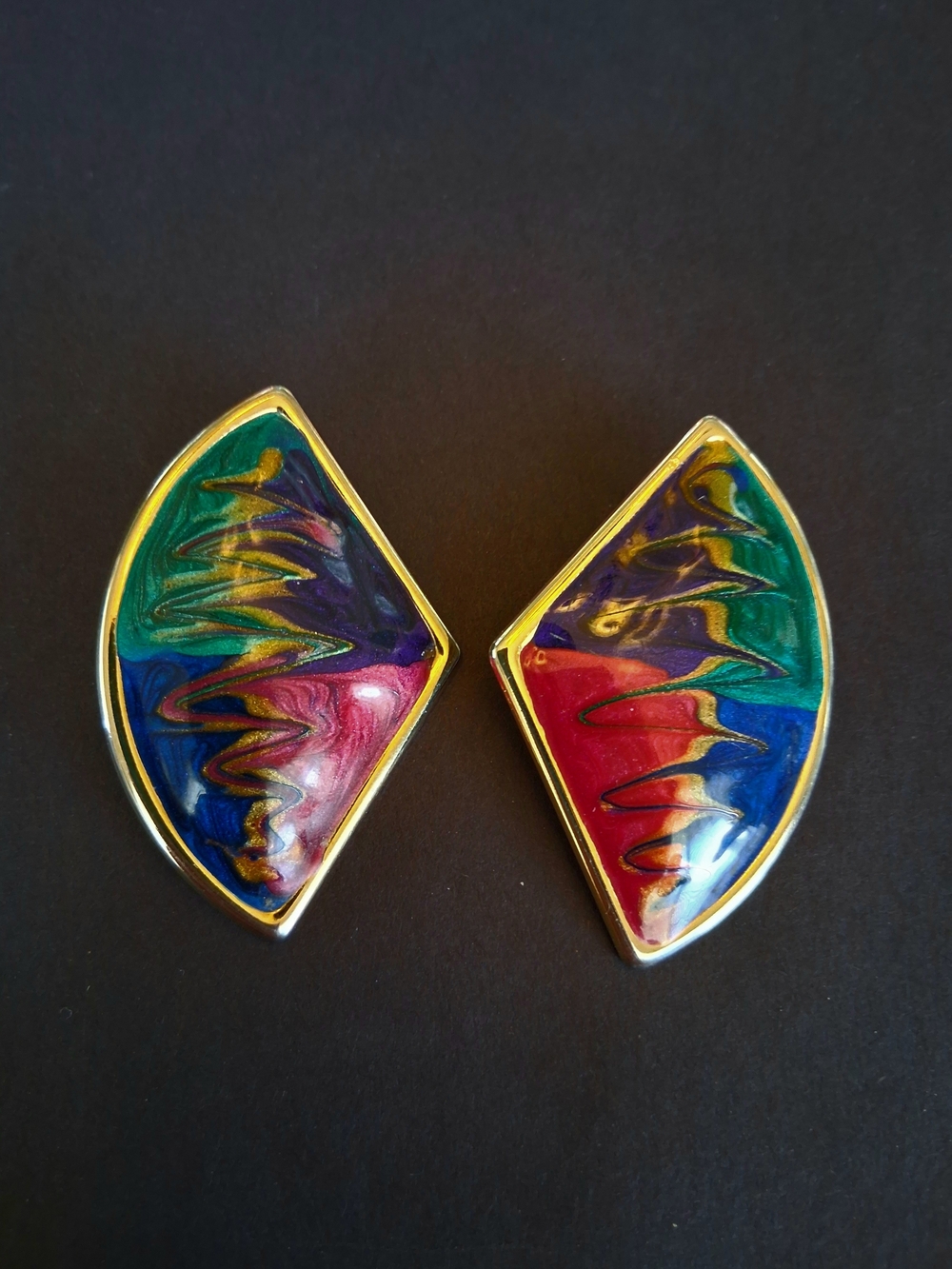 Vintage Gold Tone Swirling Colorful Enamel Pierced Earrings